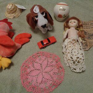 JUNK DRAWER COUNTRY CHICKEN DOG CAR SALT ADD DOLL & HAT PLUS CROCHETS LOT
